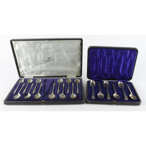 934 - Spoons. Cased set of twelve silver apostle spoons (missing tongs), together with a cased set of six ... 