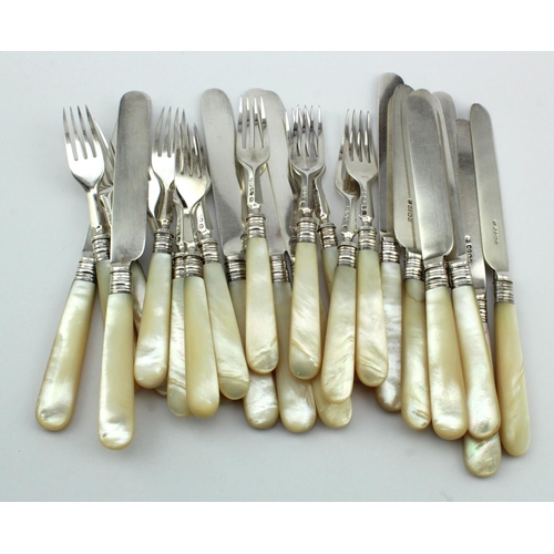 939 - Twelve pairs of mother of pearl & silver fruit knives & forks in pretty good condition apart from tw... 