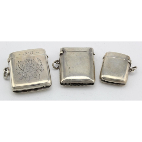 957 - Three silver vesta cases, various makers & dates, includes one initialled Victorian example hallmark... 