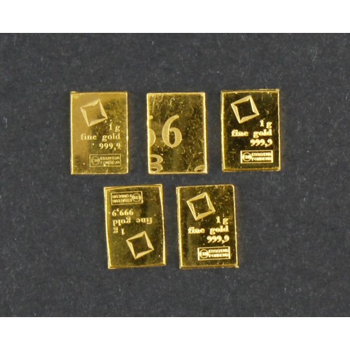 1052 - Fine gold (999.9) 1g gold bars (5) all stamped