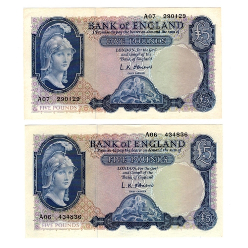 114 - O'Brien 5 Pounds (B277) issued 1957 (2), Lion & Key, both FIRST SERIES, serial A06 434836 and A07 29... 