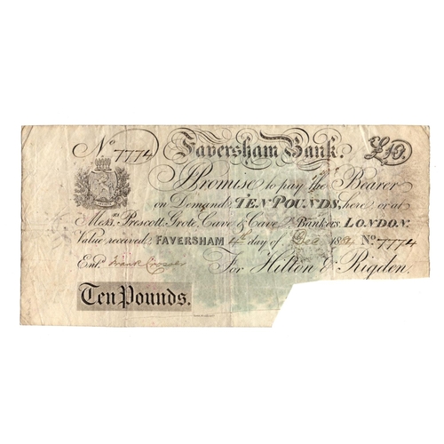 207 - Faversham Bank 10 Pounds dated 1884, serial No. 7774 for Hilton & Rigden, an unrecorded date and par... 