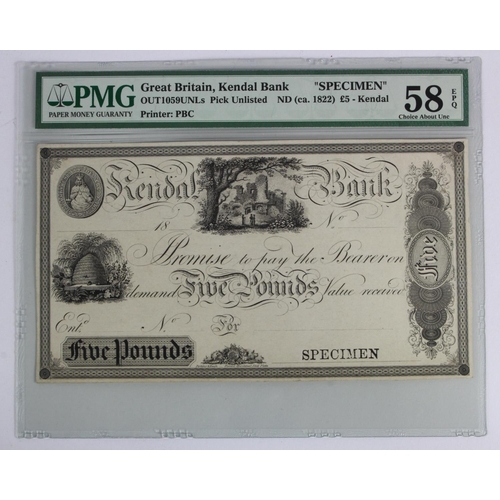 210 - Kendal Bank 5 Pounds SPECIMEN 18xx, engraved and printed by Perkins and Heath, no signature, serial ... 