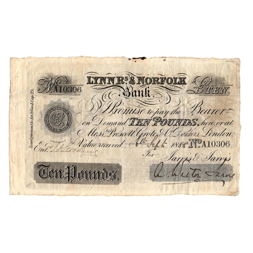 211 - Lynn Regis & Norfolk Bank 10 Pounds dated 6th September 1888, serial no. A10306, for Jarvis & Jarvis... 