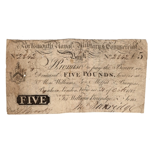 213 - Portsmouth Naval, Military & Commercial Bank 5 Pounds dated 31st October 1812, serial No. 2842 for W... 