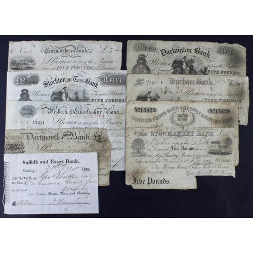 218 - Provincial Banks (9), Stowmarket Bank, Suffolk 5 Pounds dated 1837, serial No. D1551 for Henry James... 