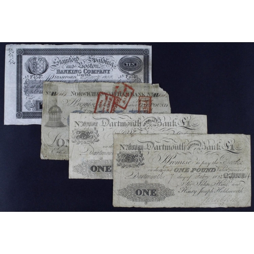 219 - Provincial notes (4), Dartmouth General Bank 1 Pound (2) dated 1821, Norwich & Swaffham Bank 1 Pound... 