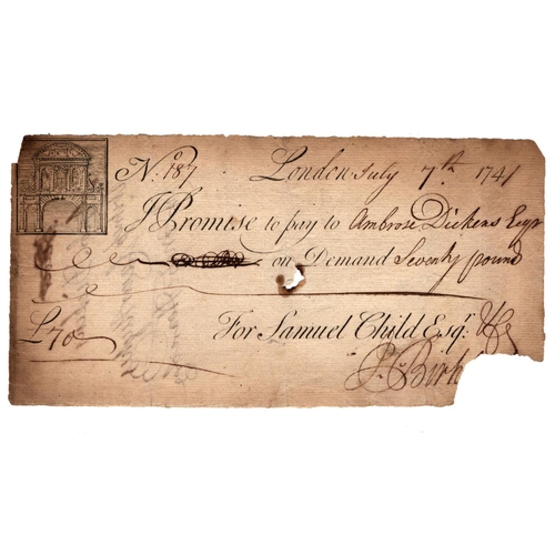 221 - Samuel Child, London Bankers promissory note for 70 Pounds payable to Ambrose Dickens, signed John B... 