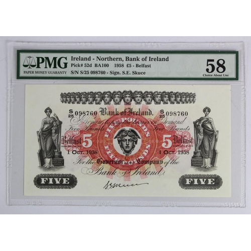 292 - Northern Ireland, Bank of Ireland 5 Pounds dated 1st October 1958, signed S.E. Skuce, serial S/25 09... 