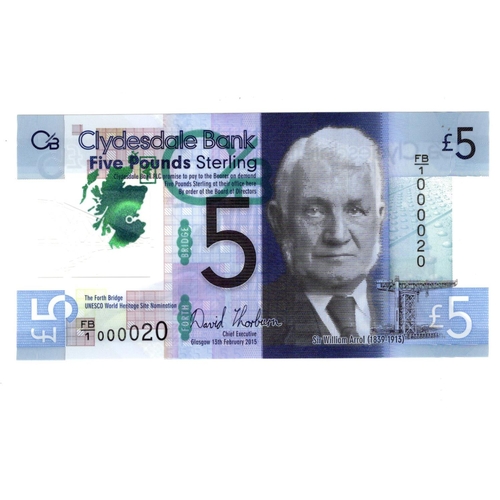 314 - Scotland, Clydesdale Bank 5 Pounds dated 13th February 2015, polymer issue, FIRST RUN very LOW numbe... 