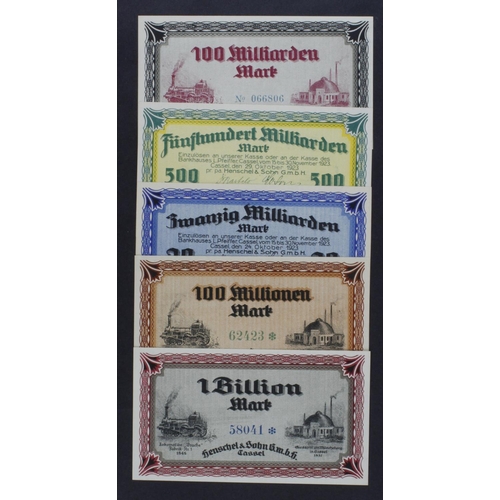 508 - Germany, Notgeld (5) Henschel & Sohn G.M.B.H. Cassel, 1 Billion Mark, 500 Milliarden Mark, 100 Milli... 
