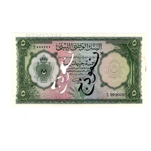 630 - Libya, National Bank of Libya 5 pounds 1955 issue, SPECIMEN note serial number B/3 000000, black Ara... 