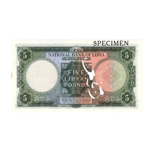 630 - Libya, National Bank of Libya 5 pounds 1955 issue, SPECIMEN note serial number B/3 000000, black Ara... 