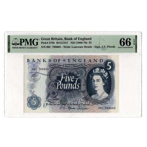 72 - Fforde 5 Pounds (B314) issued 1967, serial 06C 799603 (B314, Pick375b) in PMG holder graded 66 EPQ G... 