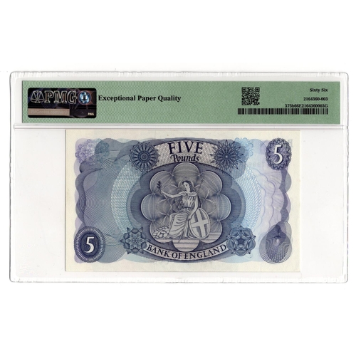 72 - Fforde 5 Pounds (B314) issued 1967, serial 06C 799603 (B314, Pick375b) in PMG holder graded 66 EPQ G... 