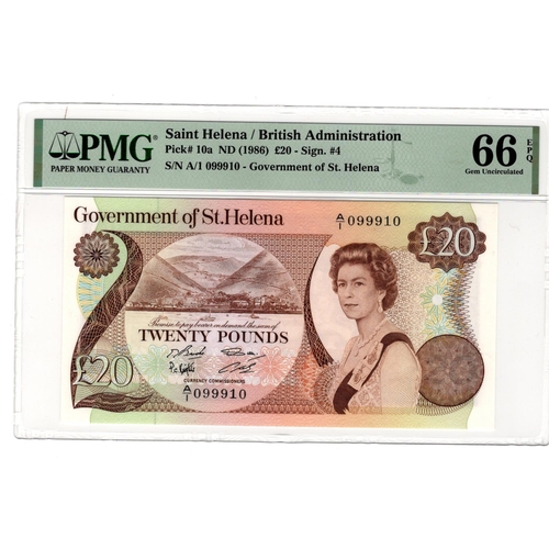 749 - Saint Helena 20 Pounds issued 1986, serial A/1 099910 (TBB B306a, Pick10a) in PMG holder graded 66 E... 