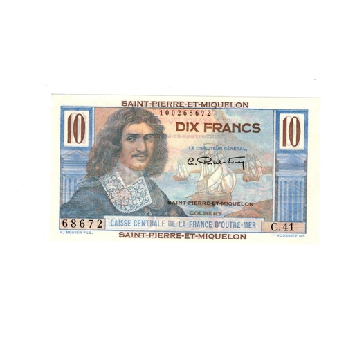 752 - Saint Pierre & Miquelon 10 Francs issued 1950 - 1960, serial C.41 68672 (Pick23) Uncirculated