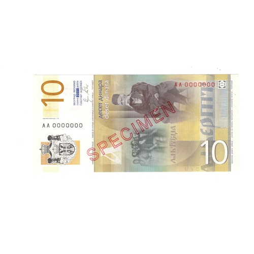 756 - Serbia 10 Dinara dated 2011, SPECIMEN note serial AA 0000000, specimen number 0870 (TBB B414as, Pick... 