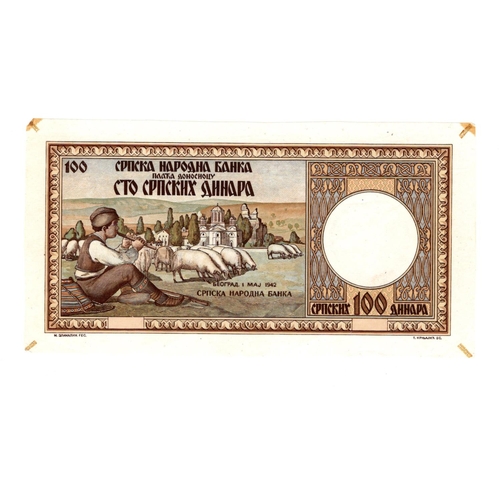 759 - Serbia 100 Dinara dated 1st May 1942, rare uniface PROOF, an unissued design (TBB B309, Pick30) EF a... 