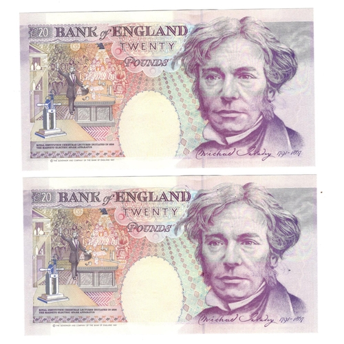 80 - Gill 20 Pounds (B358) issued 1991 (2), a consecutively numbered pair of FIRST RUN VERY LOW number no... 