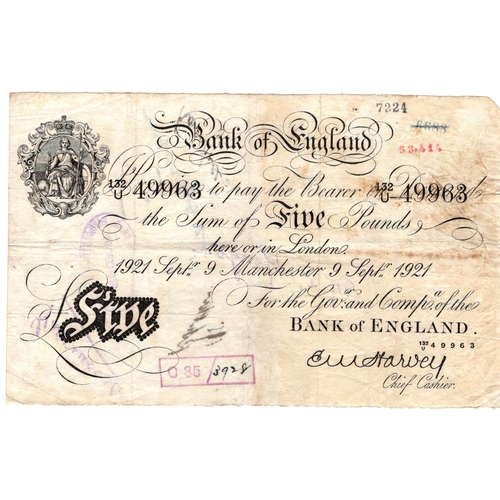 85 - Harvey 5 Pounds dated 9th September 1921, scarce MANCHESTER branch note, serial 132/U 49963 (B209af,... 