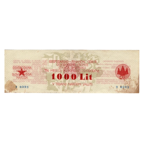 850 - Yugoslavia 1000 Lit issued 1944, Slovenian Peoples Liberation Front, regional military note, serial ... 