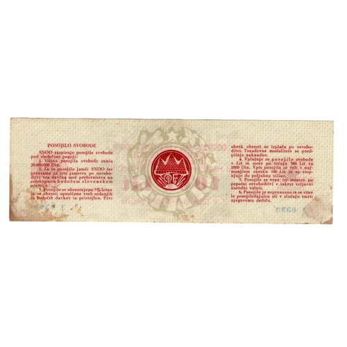 850 - Yugoslavia 1000 Lit issued 1944, Slovenian Peoples Liberation Front, regional military note, serial ... 