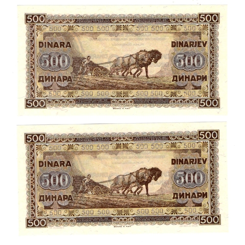 851 - Yugoslavia 500 Dinara (2) dated 1st May 1946, a consecutively numbered pair, serial BX 531418 & BX 5... 