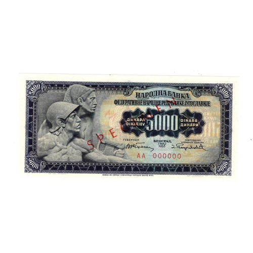 853 - Yugoslavia 5000 Dinara dated 1st May 1955, with Plate No. 2 in bottom right corner, SPECIMEN note, s... 