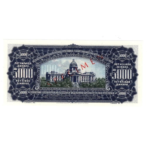 853 - Yugoslavia 5000 Dinara dated 1st May 1955, with Plate No. 2 in bottom right corner, SPECIMEN note, s... 