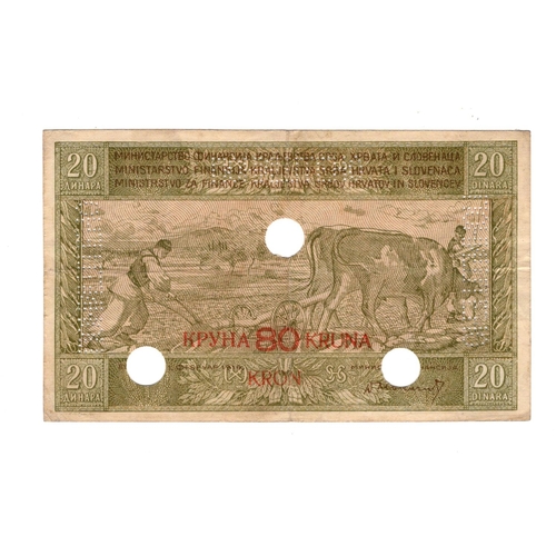 854 - Yugoslavia 80 Kronen overprint on 20 Dinars dated 1st February 1919, serial No. 00003, perforated ca... 