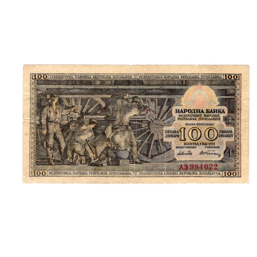 855 - Yugoslavia ERROR 100 Dinara dated 1st May 1953, ERROR note, print on reverse very faint, serial A3 9... 