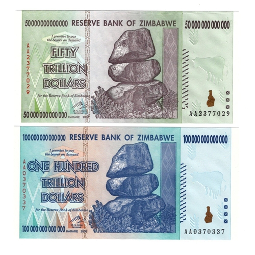 857 - Zimbabwe (2), 100 Trillion Dollars & 50 Trillion Dollars dated 2008, the two highest denominations i... 