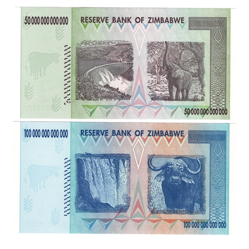 857 - Zimbabwe (2), 100 Trillion Dollars & 50 Trillion Dollars dated 2008, the two highest denominations i... 