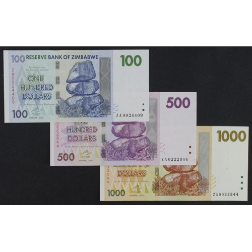 858 - Zimbabwe (3) 1000 Dollars, 500 Dollars and 100 Dollars dated 2007, scarce REPLACEMENT notes with 'ZA... 