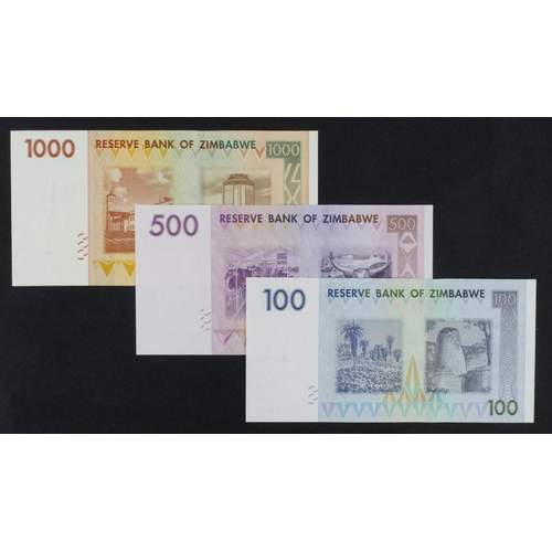 858 - Zimbabwe (3) 1000 Dollars, 500 Dollars and 100 Dollars dated 2007, scarce REPLACEMENT notes with 'ZA... 