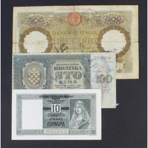 868 - World (3), Serbia 10 Dinara dated 1941 overprint on Yugoslavia note, Croatia 100 Kuna dated 1941 ove... 