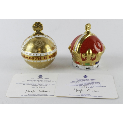 304 - Royal Crown Derby. Two Royal Crown Derby paperweights, depicting a crown (Prince of Wales Coronet) &... 