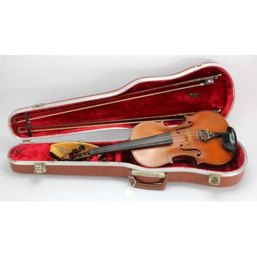 357 - Violins. Two cased violins (one with label inside 'Repaired by John Young, Aberdeen', back length 14... 