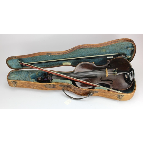 357 - Violins. Two cased violins (one with label inside 'Repaired by John Young, Aberdeen', back length 14... 