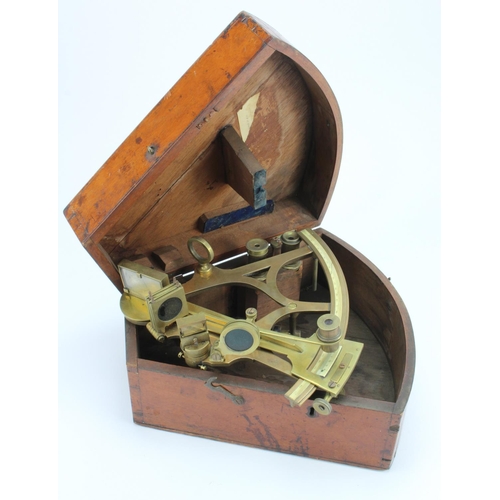 359 - Brass sextant, contained in original fitted oak case, sextant width 24cm approx.