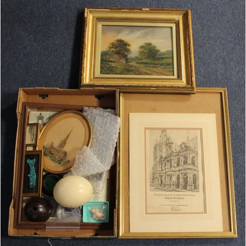 388 - Collectables. A collection of various items, including two watercolours (incl. Norwich Cathedral & a... 