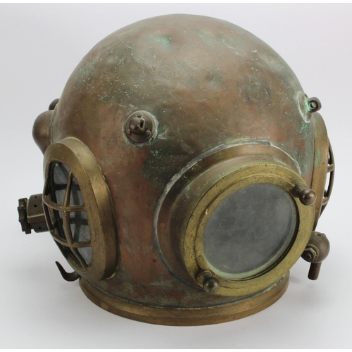 389 - Diving interest. Copper / brass divers helmet, glass intact, height 31cm (buyer collects, heavy) The... 