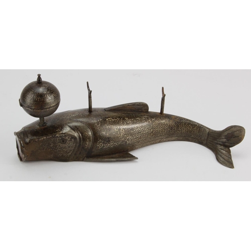 390 - Eastern metal inkwell, depicting a fish, length 23cm approx.