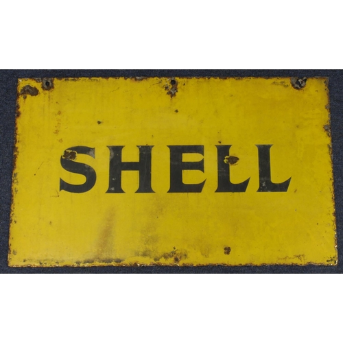 391 - Enamel sign. A double sided yellow enamel 'Shell' sign, 77cm x 46cm approx. (buyer collects - The su... 