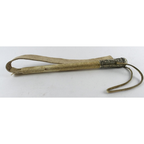 394 - Leather camel whip / crop, with white metal handle, total length 90cm approx.