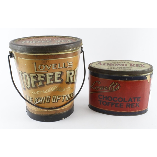 395 - Lovells. Two Lovells Toffee Rex confectionary tins, both with lids largest height 26cm approx.