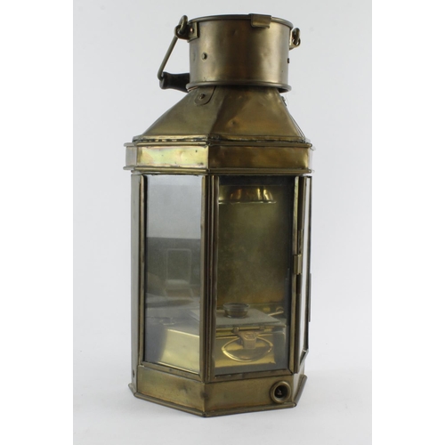 405 - Railway interest. Large brass railway lamp with three panes of glass and wooden handle, height 40cm ... 