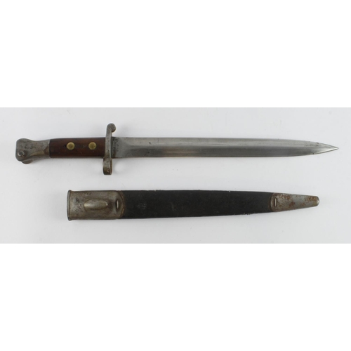 107 - Wilkinson bayonet, with leather and steel scabbard. Blade marked '12 '97'. Hilt regimentally marked ... 