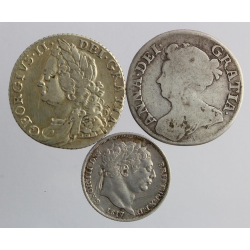 1105 - Early Milled silver (3): Shilling 1711 VG, Shilling 1758 VF faded gilding, and Sixpence 1817 VF scra... 